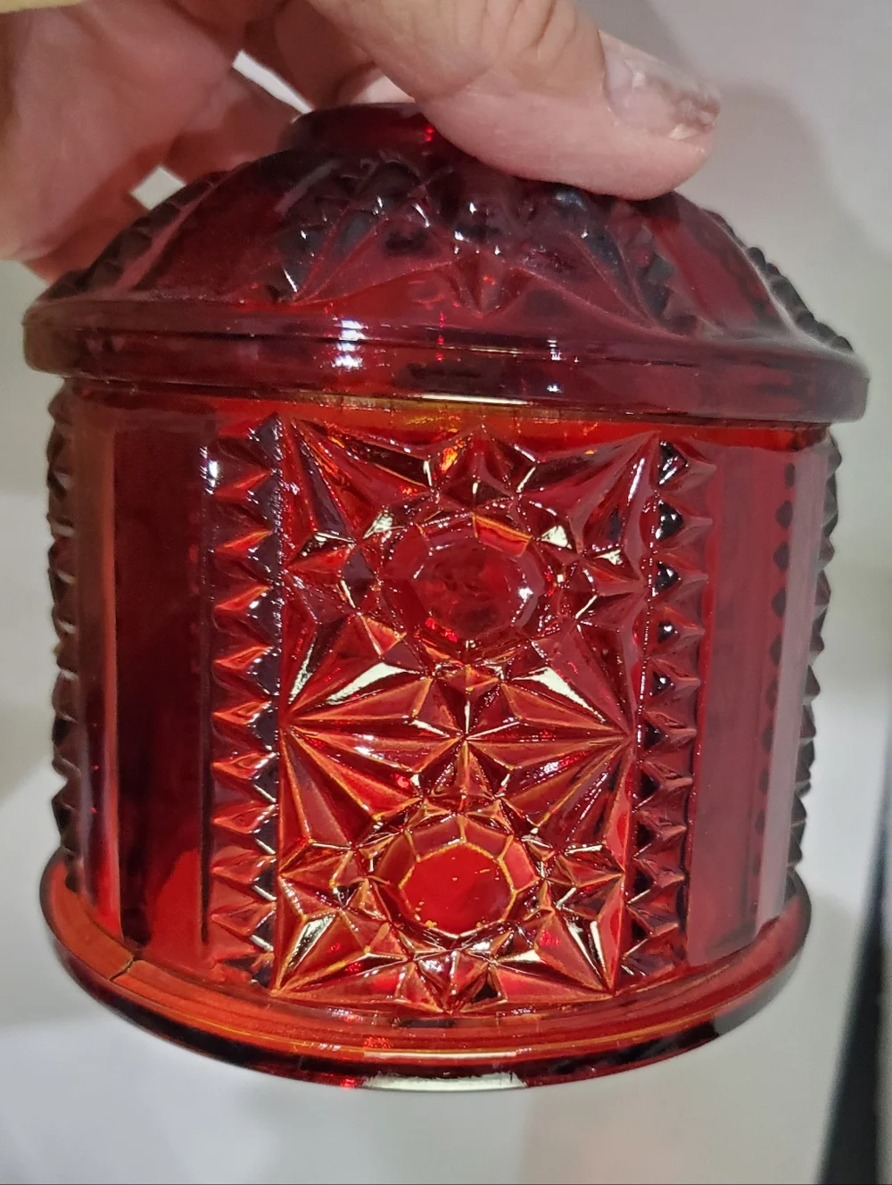 Indiana Glass Homco Ruby Amber Stars And Bars Fairy Lamp 3 Piece Originl Box Vtg